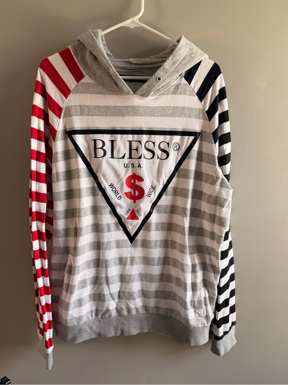 Hudson Jeans Gray & White Striped Zip-Up Hoodie with Red & Black Accent Sleeves